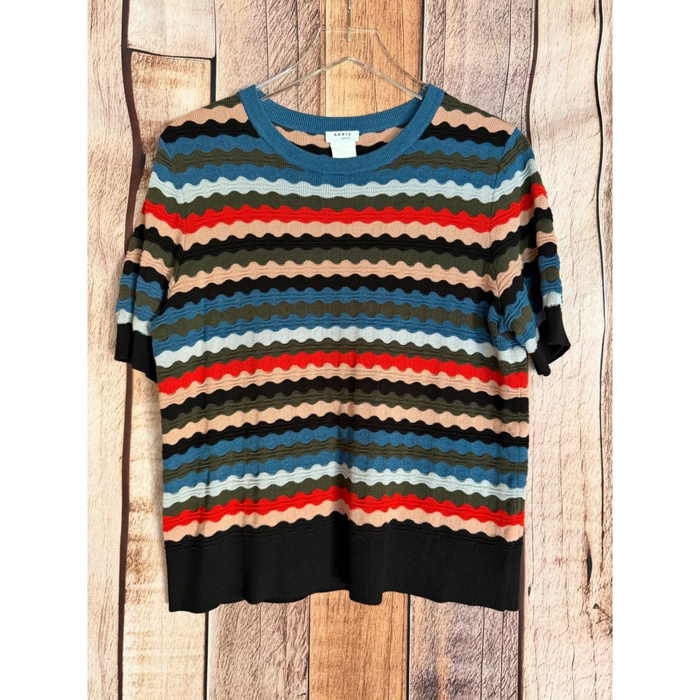 Akris Punto Short Sleeve Virgin Wool Wavy Stripe Knit Sweater Multicolor Size 12